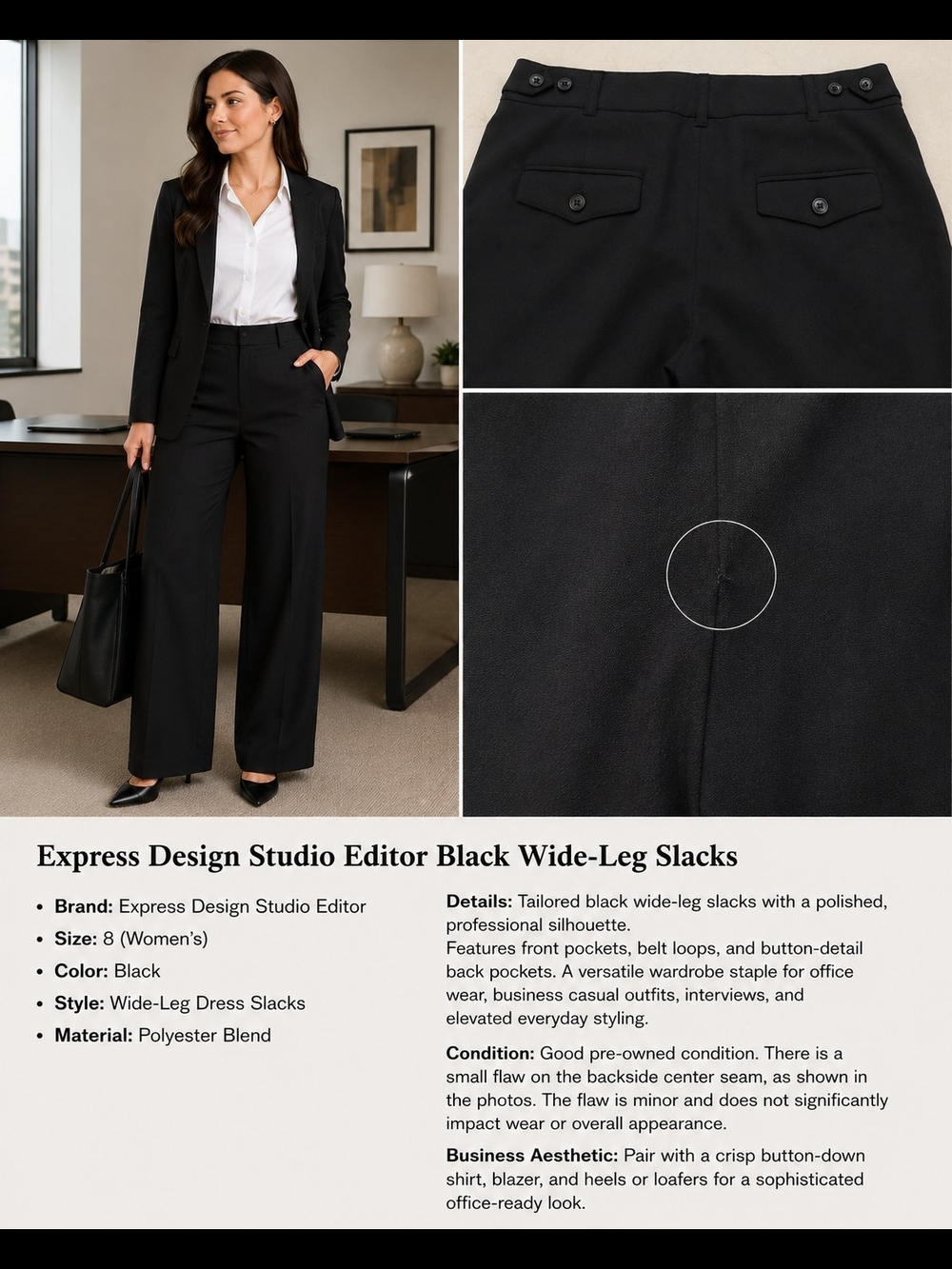 Express Design Studio Editor Black Wide-Leg Dress Slacks Size 8 Business Casual